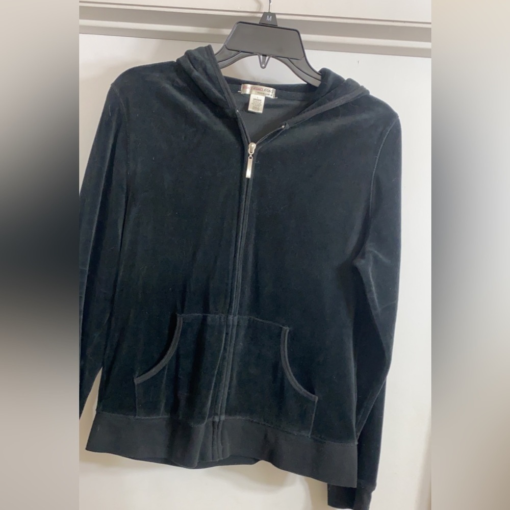 A’GACI Velour Full Zip Crop Hood Jacket Sweatshirt Pocket Athleisure Black Sz L